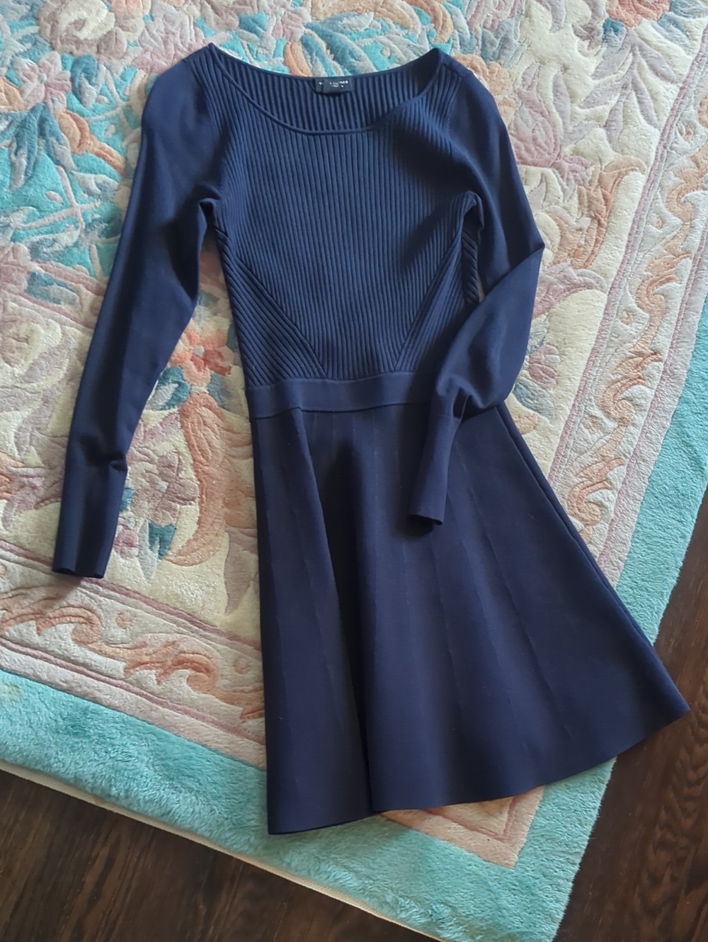 Club Monaco Navy Long-Sleeve Fit & Flare Knit Dress